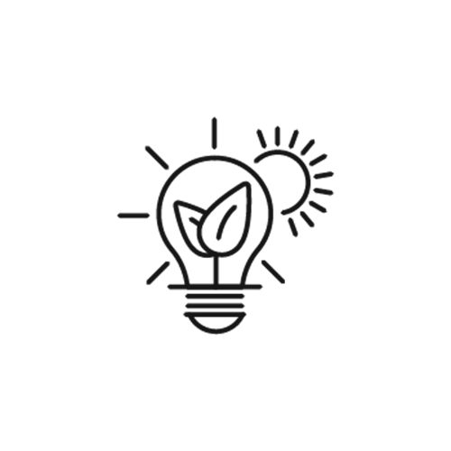 Lightbulb with leave in centre, with sun to the side 'icon'