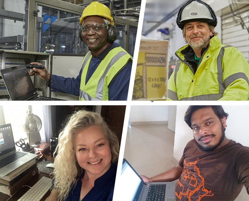 Four pictures of McCain team members. Two at their desks. Two in factories.
