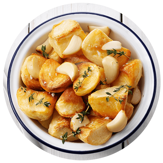 McCain roast potatoes, served with garlic