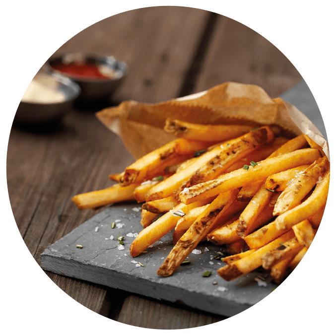 McCain skin-on fries, served on slate plate