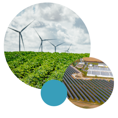 Wind turbines and solar panels in fields