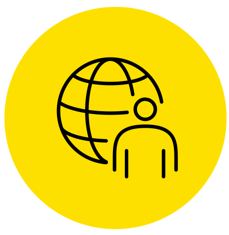Icon of person in front of globe